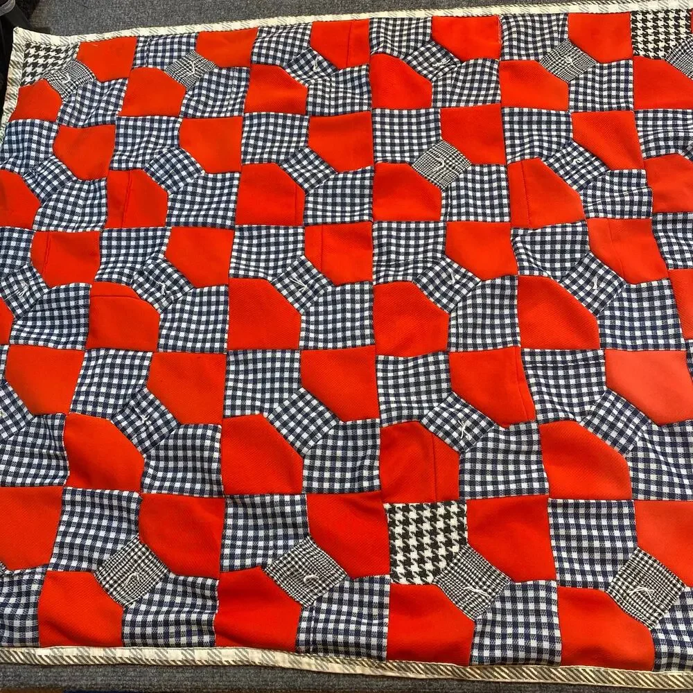 Vintage Handmade Red and Gingham Bowtie Pattern Quilt Lap Blanket 39.5